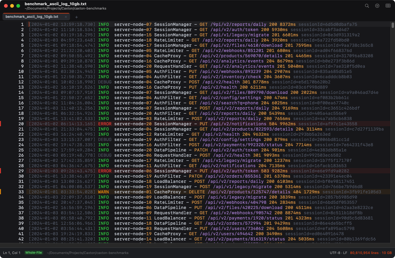 Caxton reading an 80-million-line, 10 GB log file
