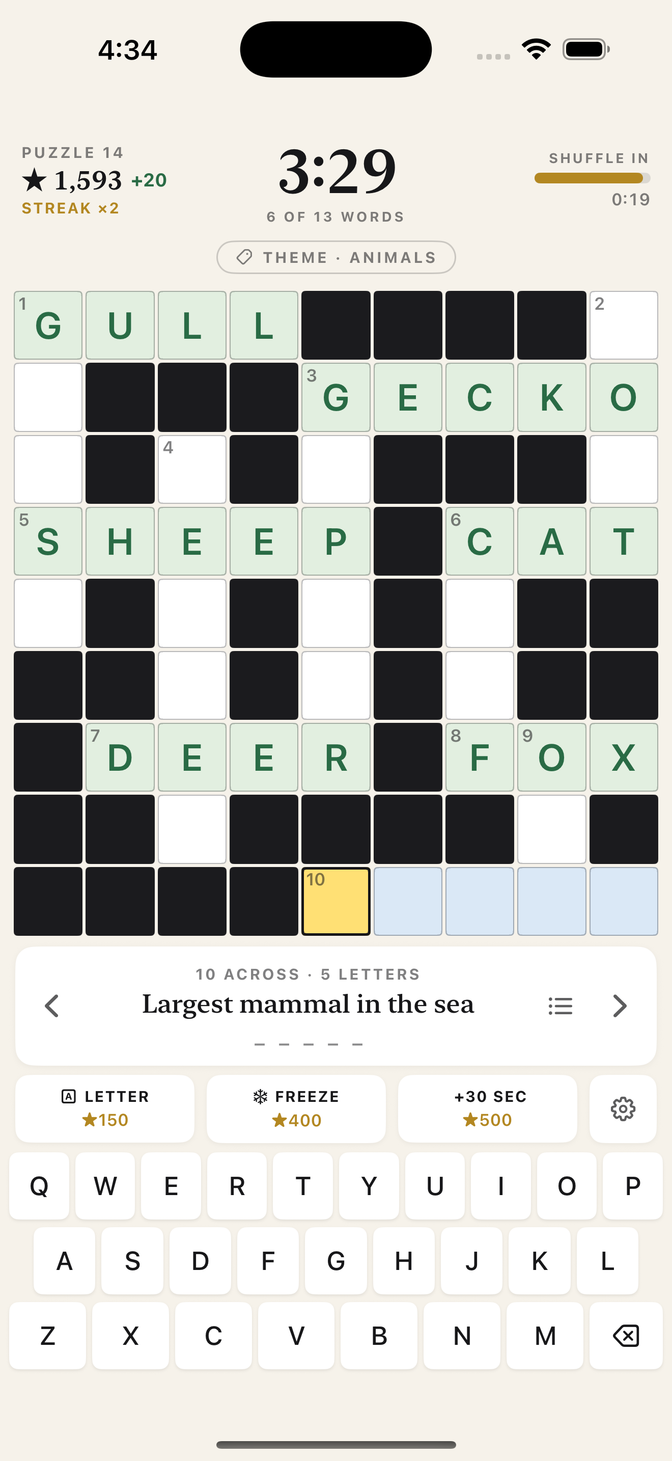Crossword Shuffle's puzzle grid on iPhone