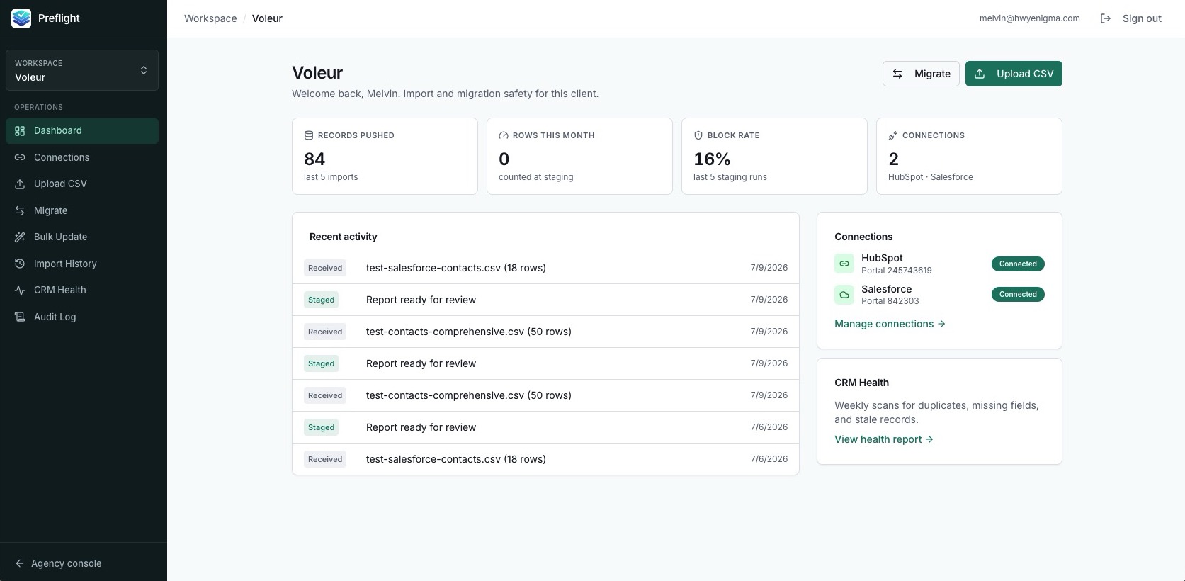The Preflight dashboard reviewing a queued HubSpot import